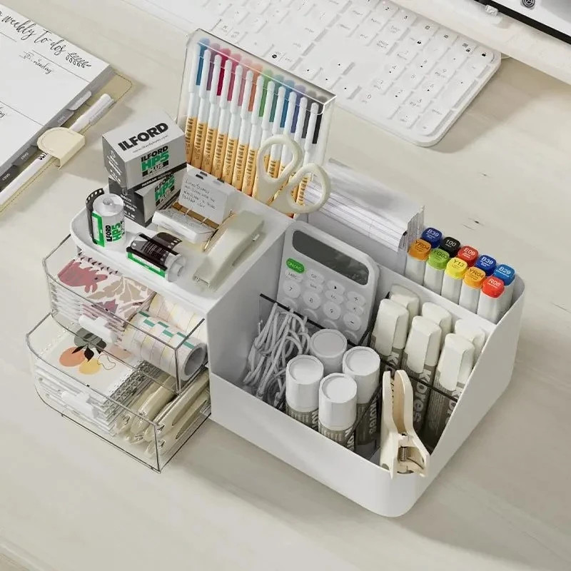 Large Capacity Desk Organizer with 2 Transparent Drawers and Office Supplies Hol