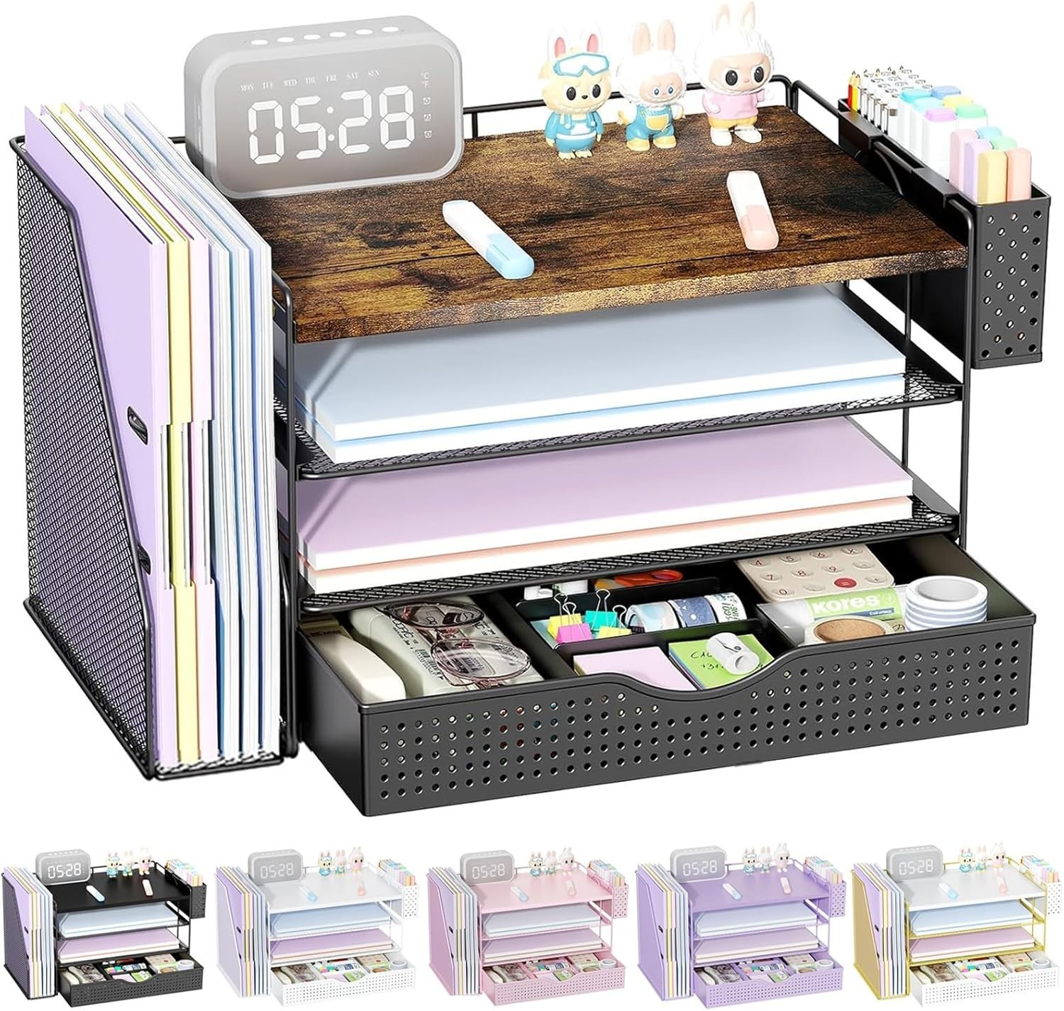 Wood Desk Organizers and Accessories with File Holder, 4-Tier Desk Accessorie…
