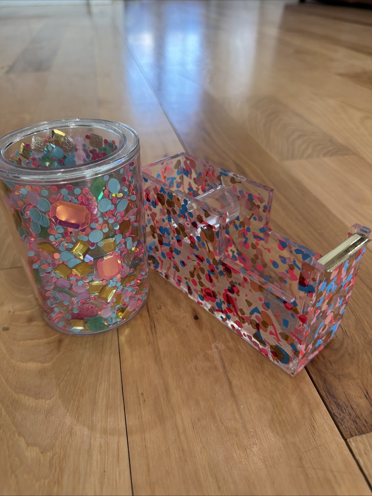 Packed Party Clear Glitter Gem Acrylic Office Set Tape Dispenser + Pen Holder