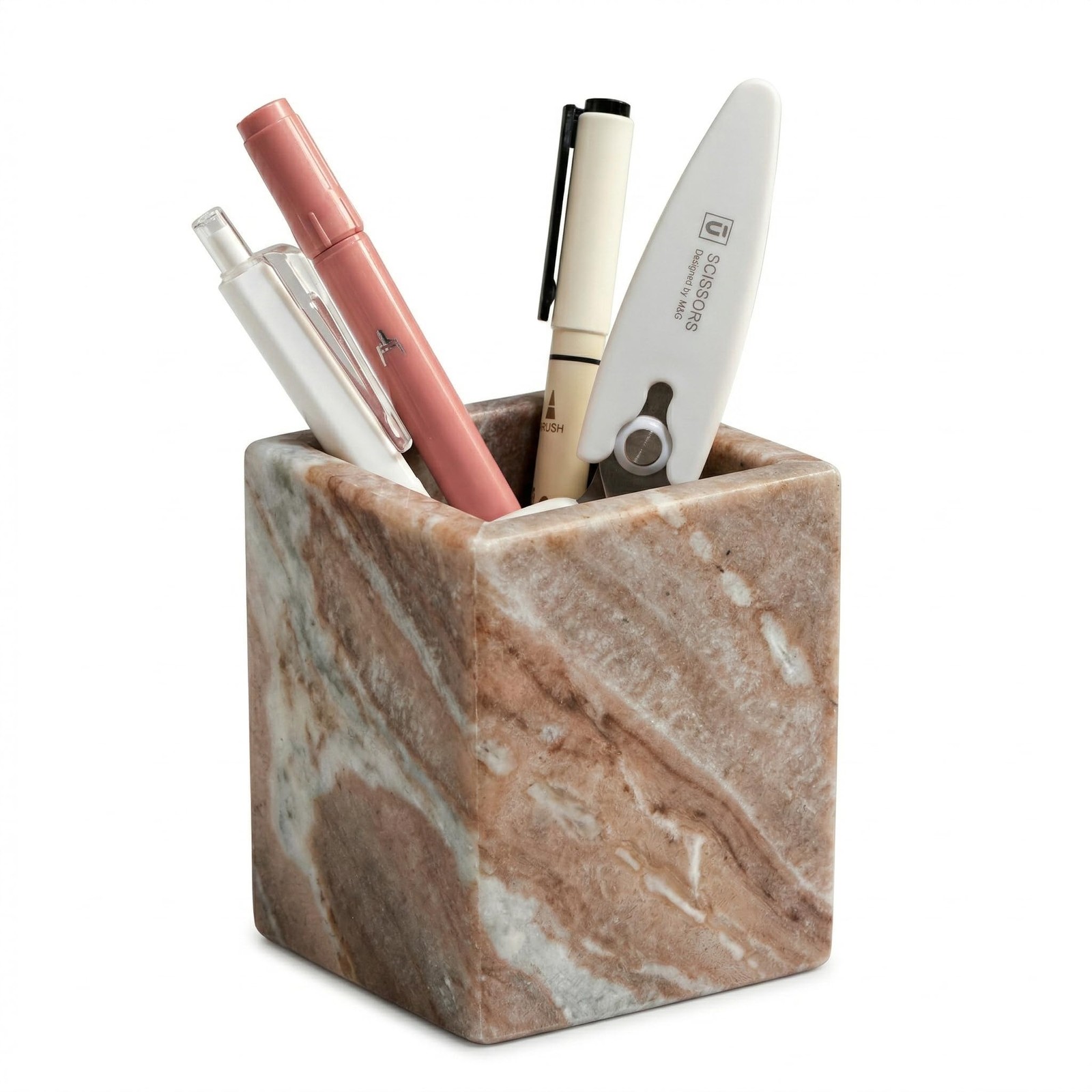 Natural Marble Pen Holder, 2.95” x 3.74” Square Desk Organizer, Marble Toothb…