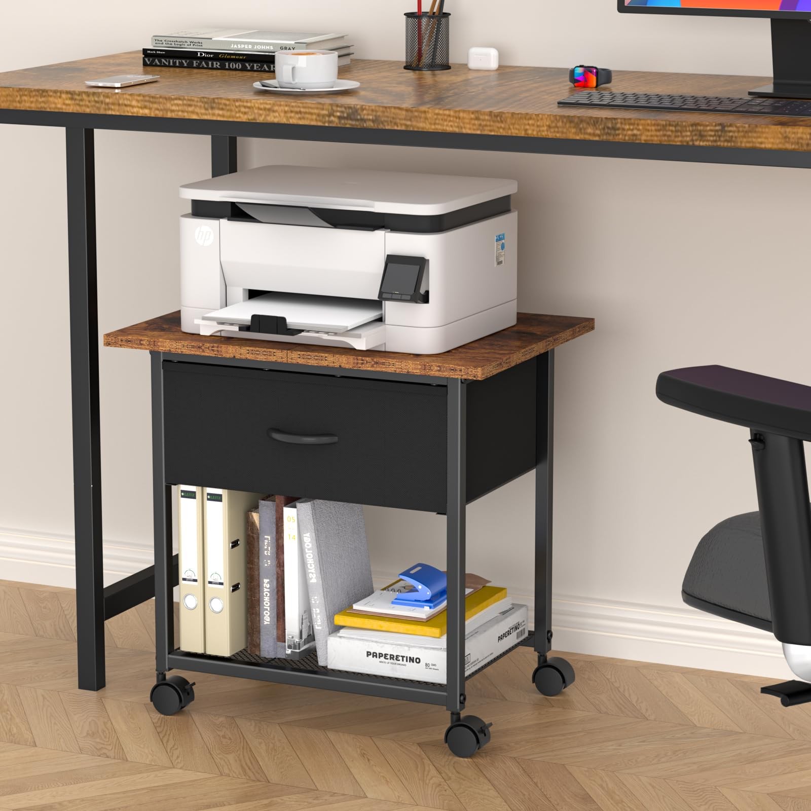 DAOUTIME 2-Tier Printer Stand with Storage Drawer, Under Desk Rustic Brown