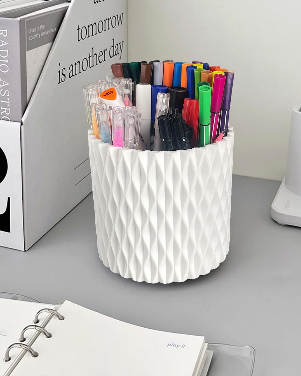Lebenrich Rotating Pen Holder for Desk, 5 Slots Unique White Desk Organizer E…