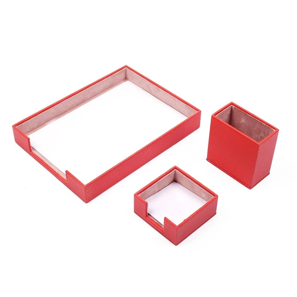 Leather Desk Set 10 Pieces with Double Document Tray Desk Organizer Red