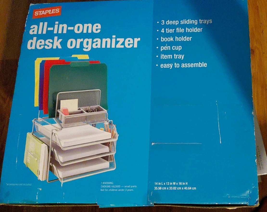 STAPLES All‑In‑One Wire Mesh Desk Organizer, 10‑Compartment Accessory SILVER