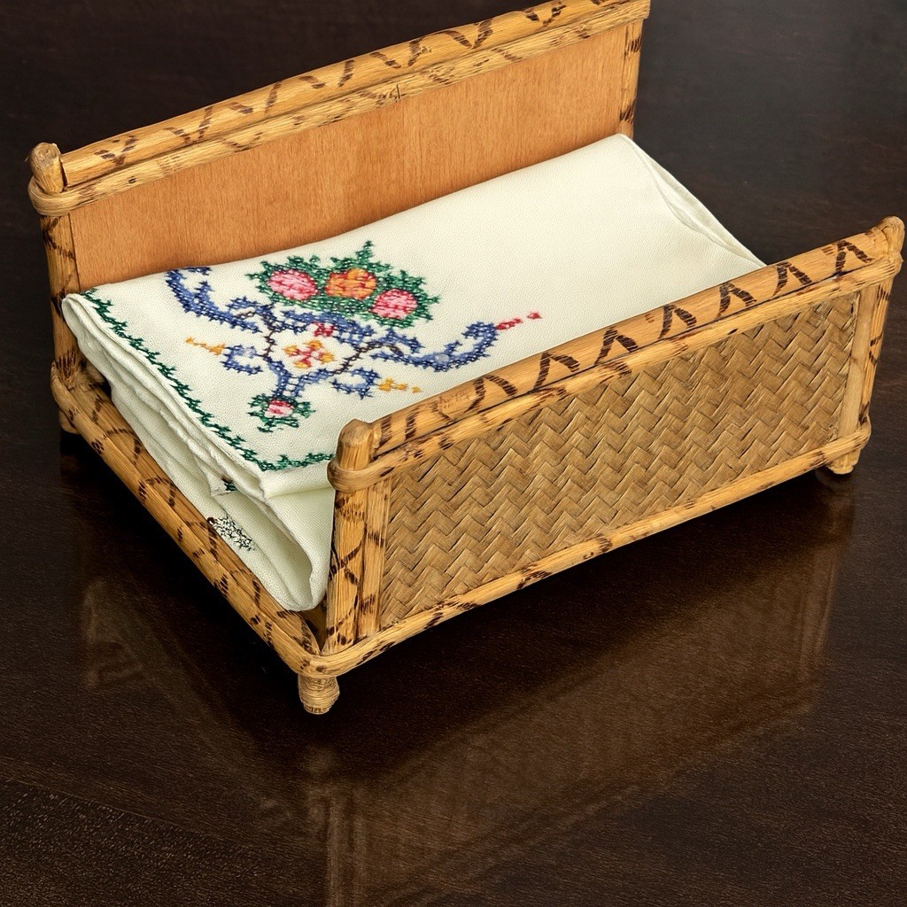 Vintage Burnt Bamboo Rattan Desk Organizer Napkin Caddy Letter Holder Hong Kong