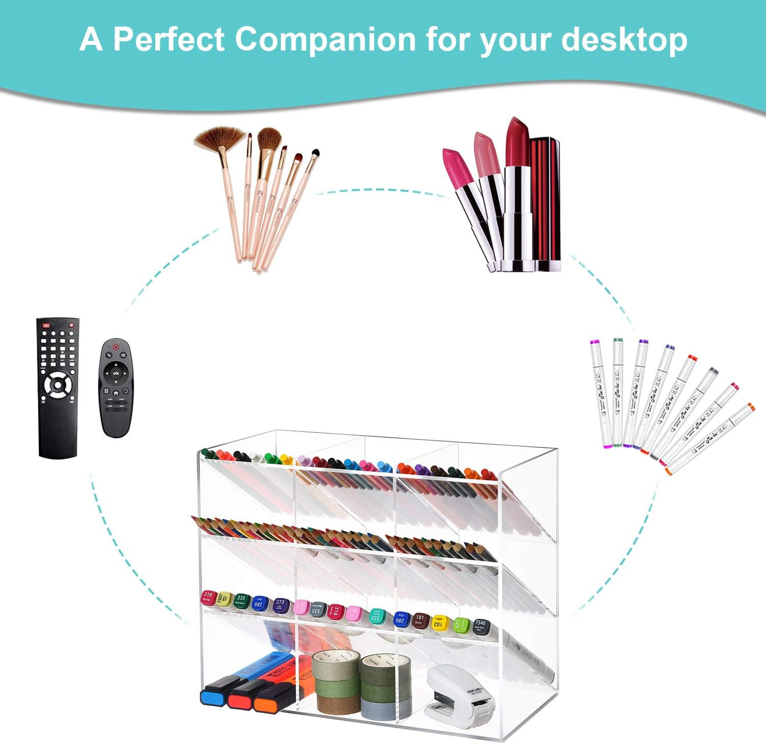 Clear Pen Organizer Storage Acrylic Desk Organizer with 12 Compartments, Pen Org