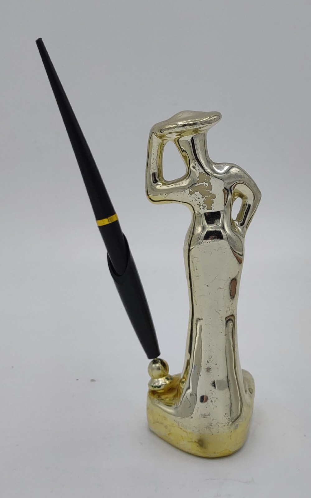 Vtg Art Deco Gold Ceramic Lady Pen Holder W/Fountain Pen 8″