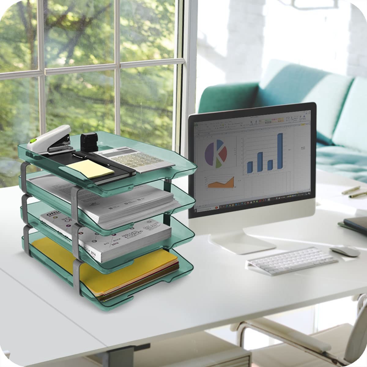 Traditional 4 Tier Letter Tray Front Load A4 Desktop Organizer Clear Green