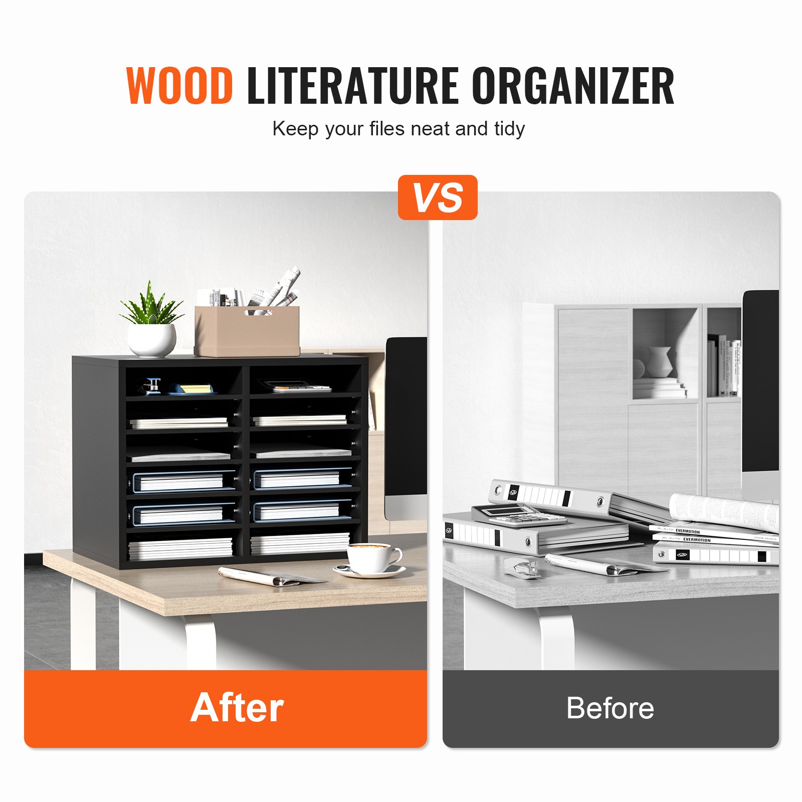 VEVOR Wood Literature Organizer Adjustable File Sorter 12 Compartments Black