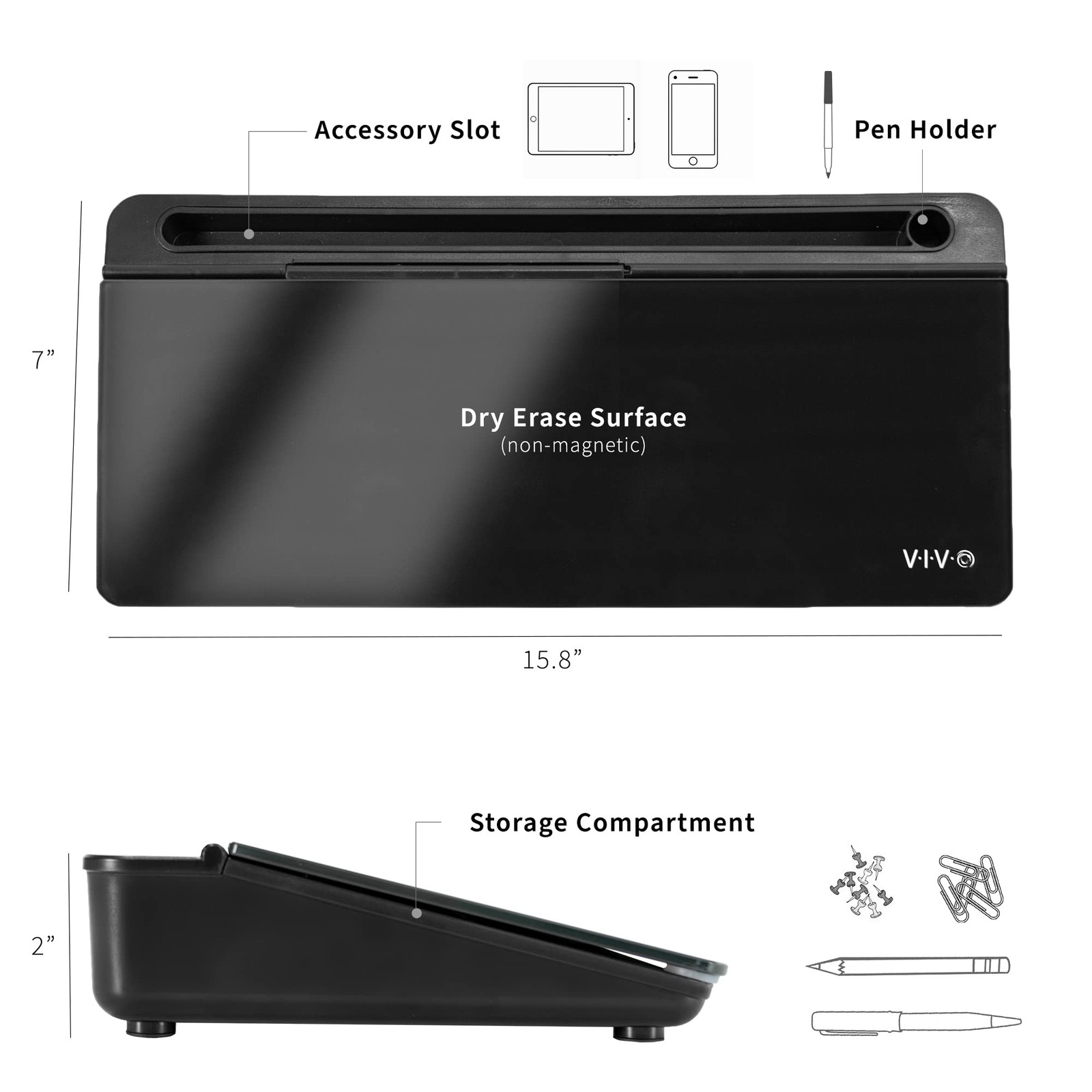 Vivo Glass 16 x 7 inch Dry Erase Board with Storage, 16″W x 7″H, Black