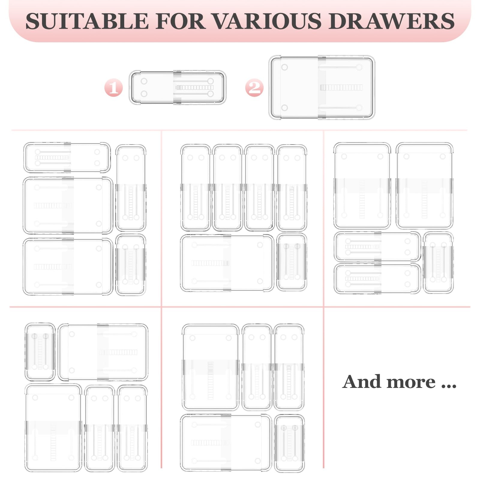 Dilibra 12 Pcs Clear Extendable Drawer Organizer Adjustable Drawer Storage
