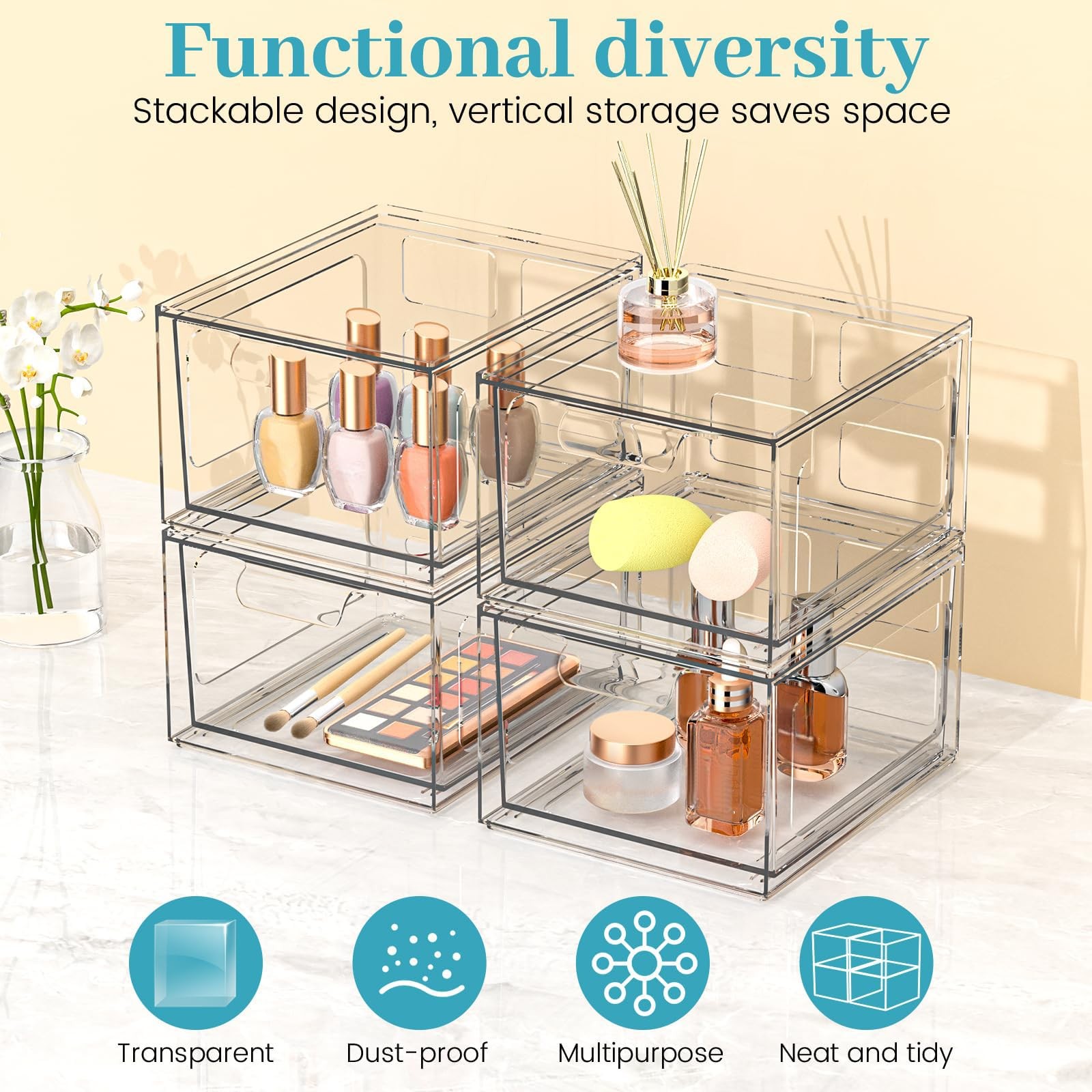 SpaceHacks 2 Pack Stackable Plastic Makeup Organizer Drawers, Acrylic Clear
