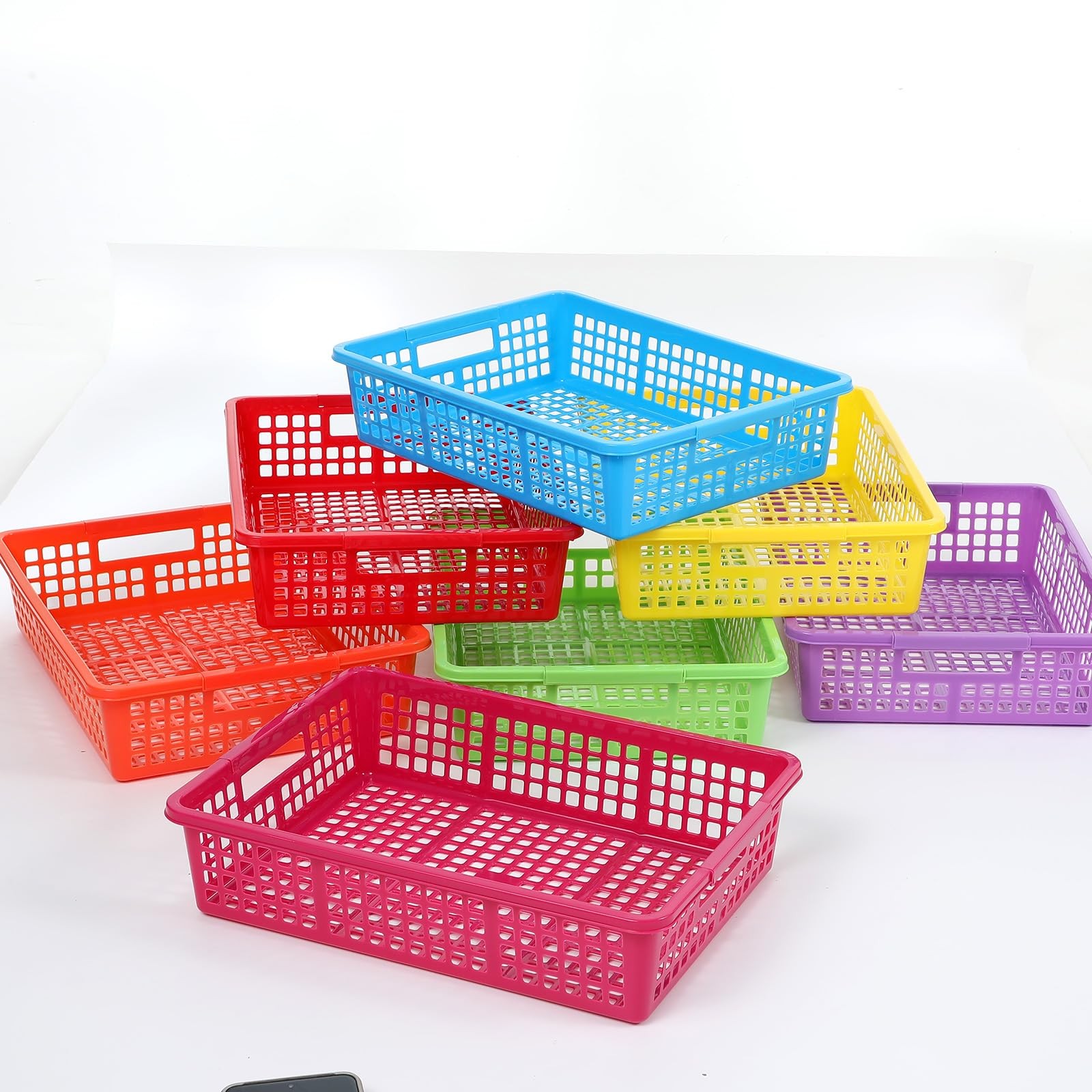 7 PCS Multicolor Plastic Turn In Paper Trays Handles 13.58x10x3.14 Inch Bins