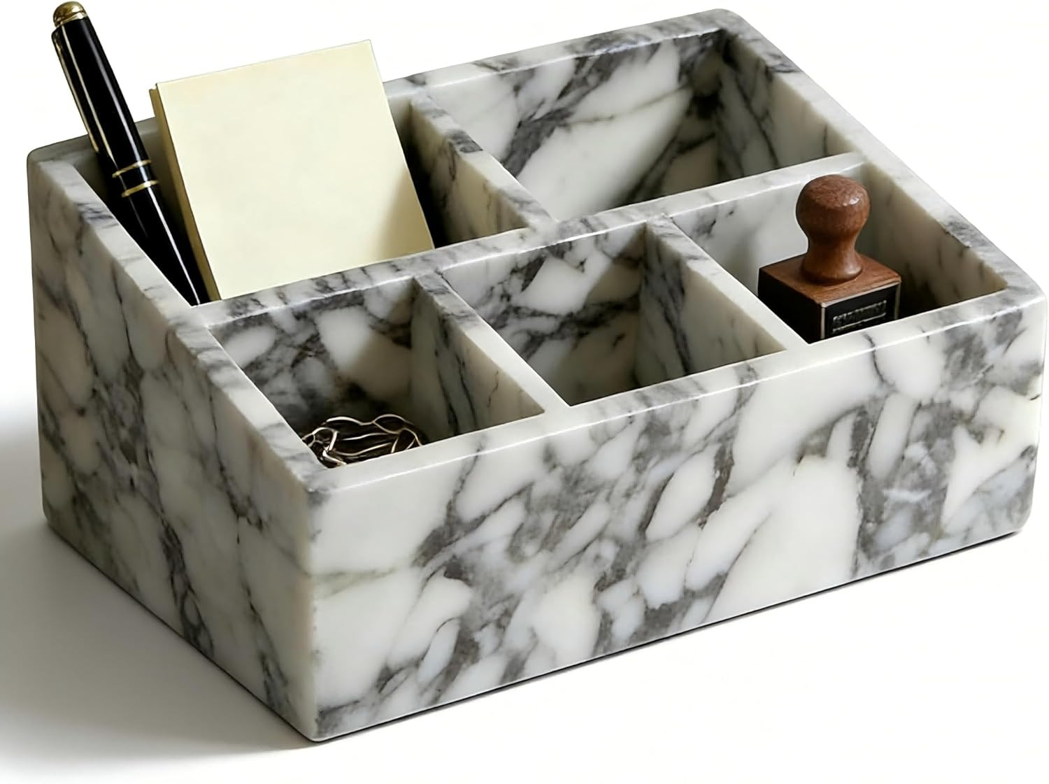 Elegant Marble Desk Organizer with 2 Compartments for Office & Makeup Storage