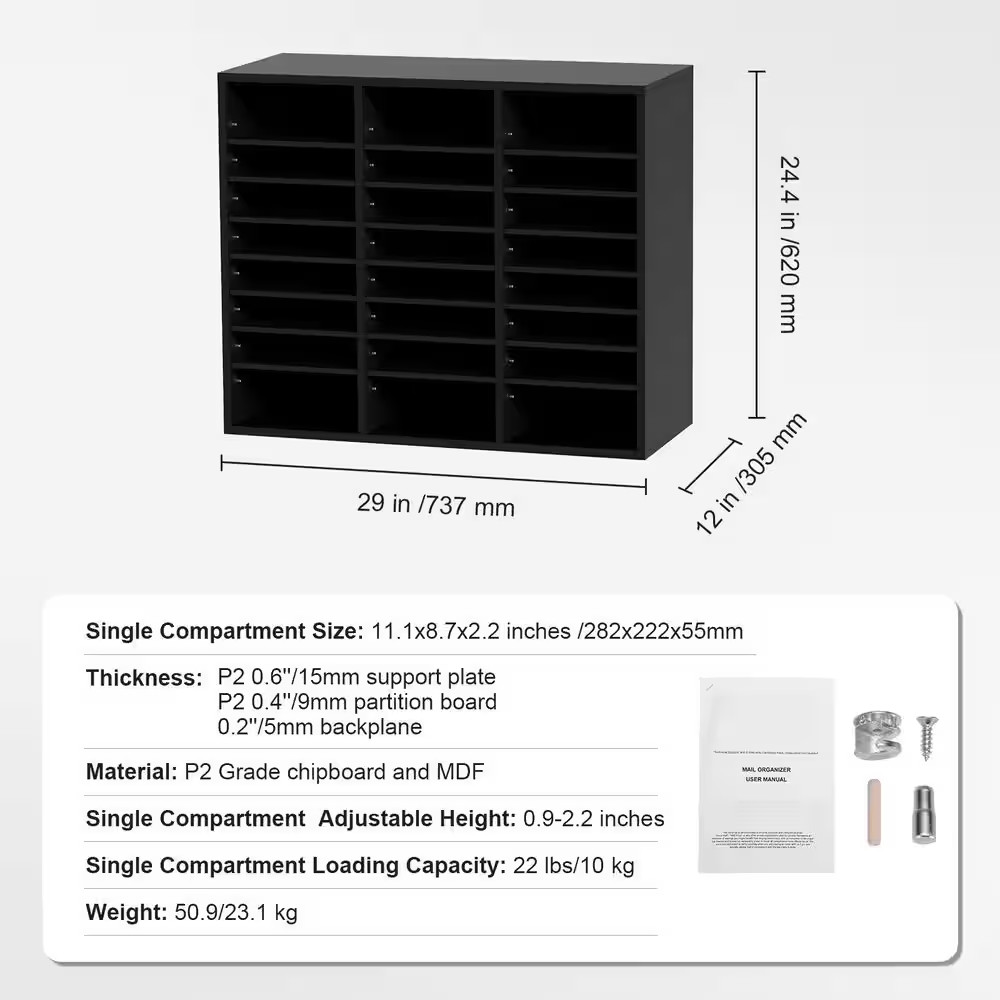 Wood Literature Organizer, 24 Compartments, 12 In. File Sorter with Removable Sh