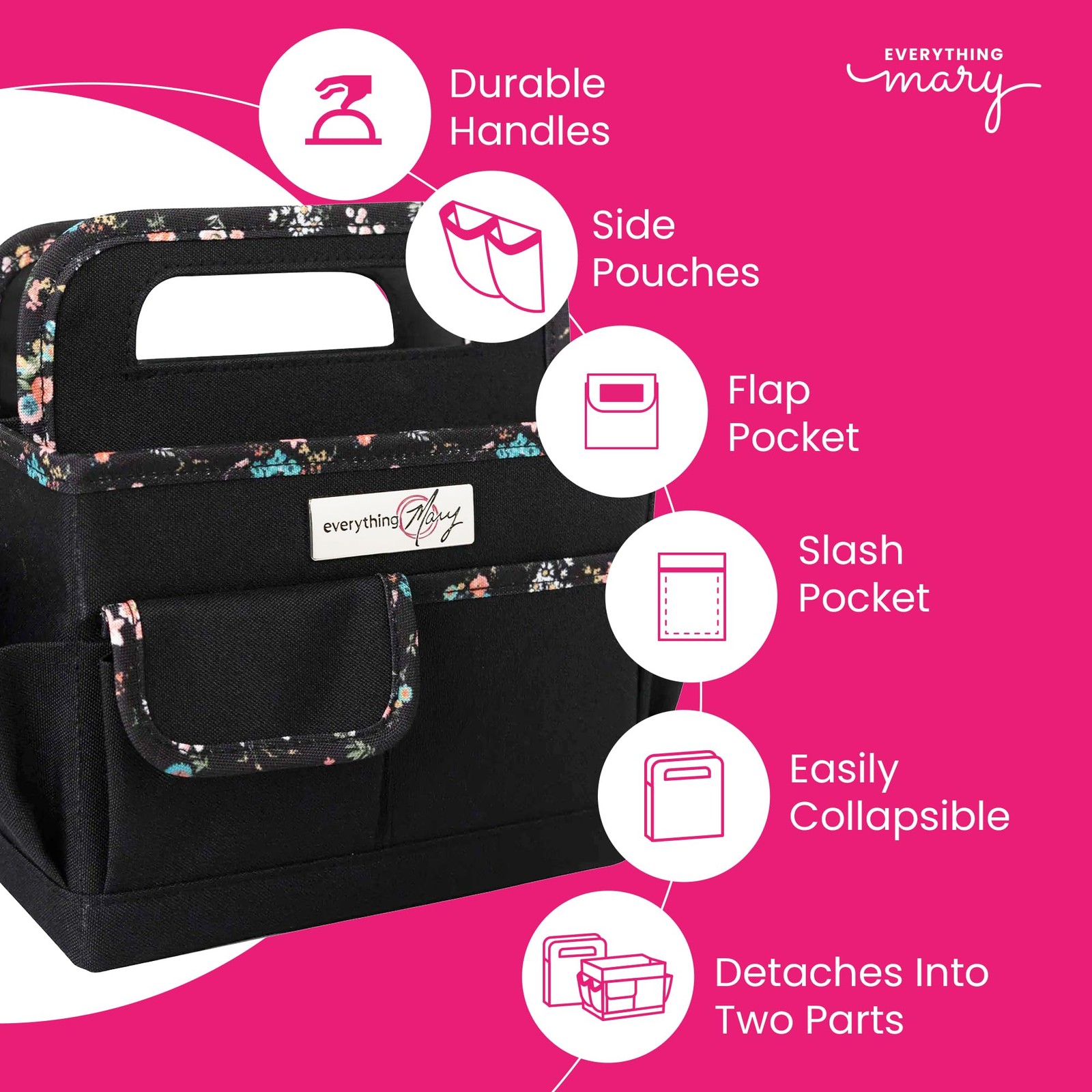 Craft Caddy Black Floral Art Storage Supply Organizer Tote School Office Home