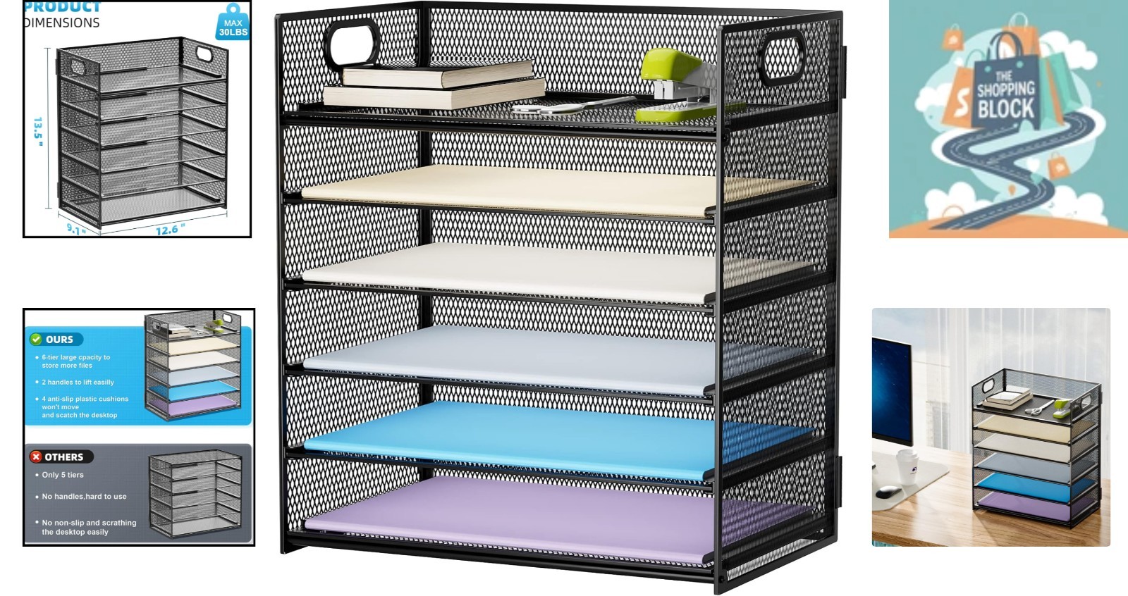 6-Tier Black Mesh Paper Organizer with Handle, A4/Lettter Folder Storage