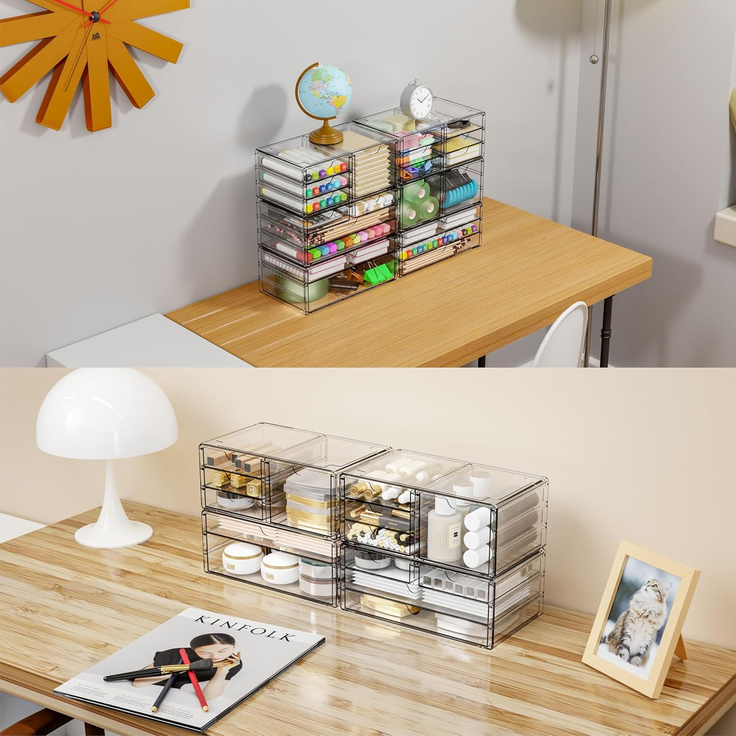 Yieach 2 Pack Acrylic Storage Drawers with 12 Small Drawer,Stackable Office Cabi