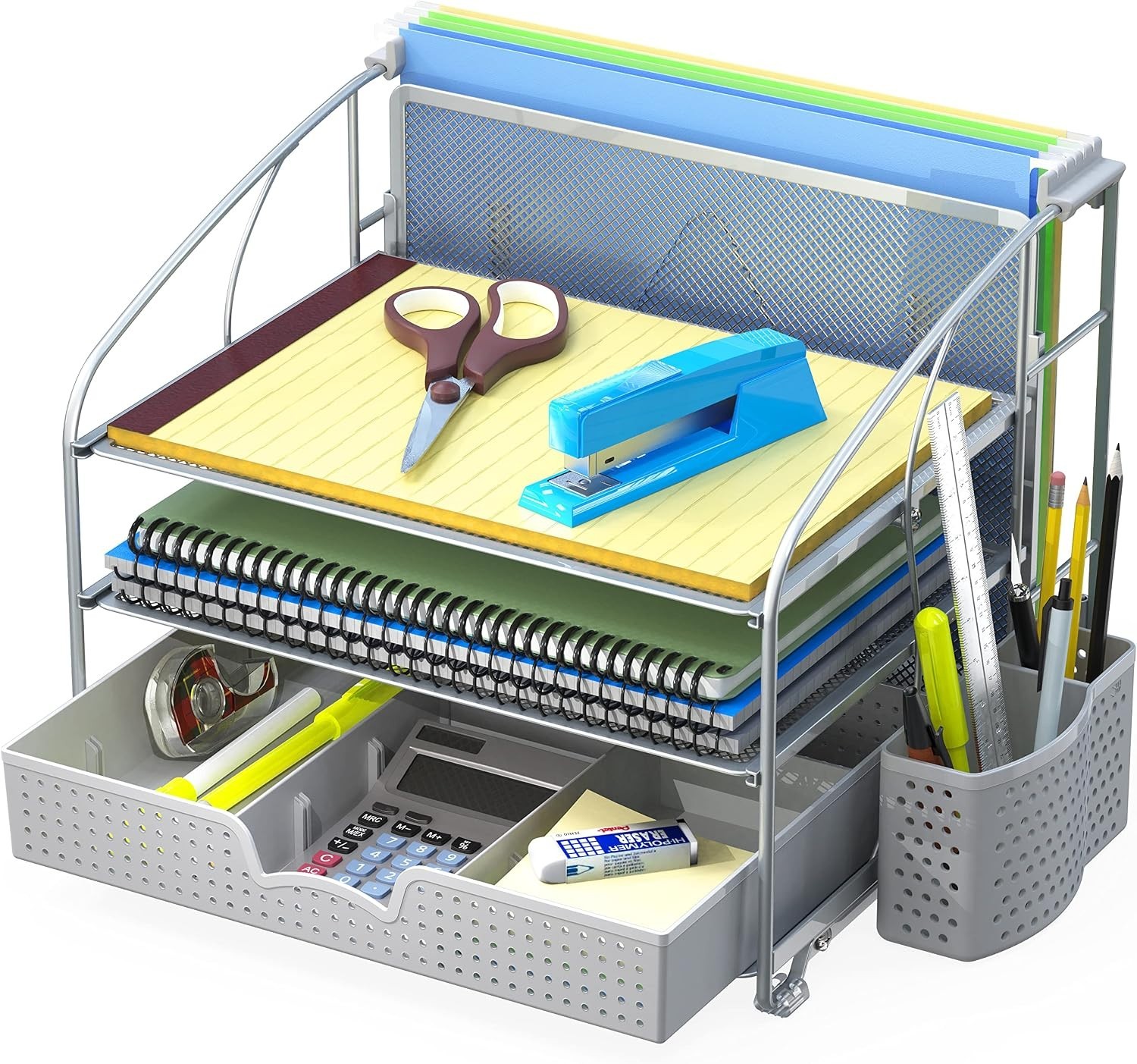 3-Tier Desk Organizer with Sliding Drawer, Hanging File Holder and Pen Holder…
