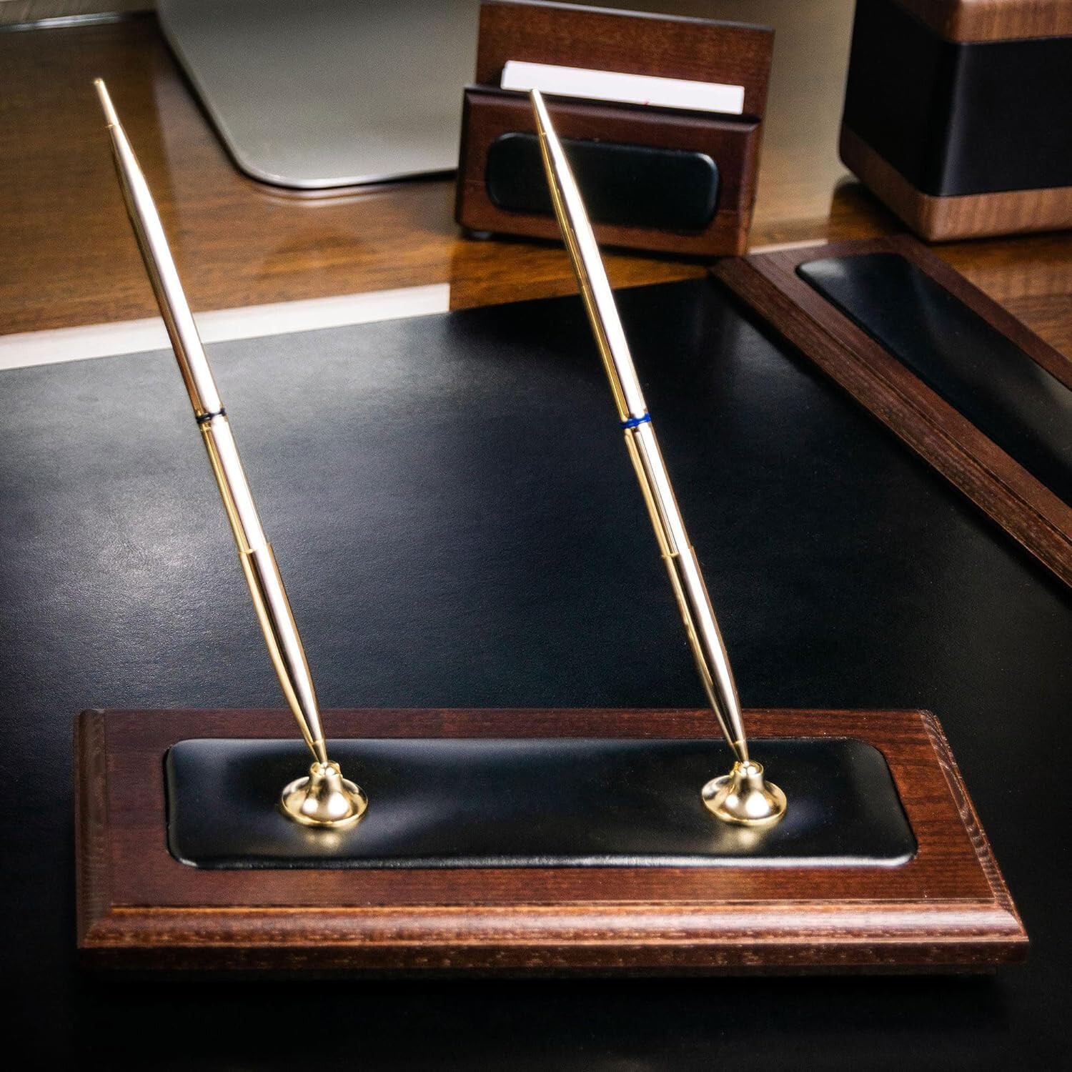 Dacasso Luxury Walnut & Black Leather Double Pen Stand with Rolling Ball Pen