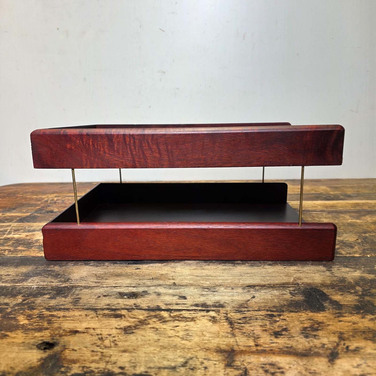 Vintage Carver Wood Products Desk Letter Tray 2 Tier Cherry Oak MCM Damage USA