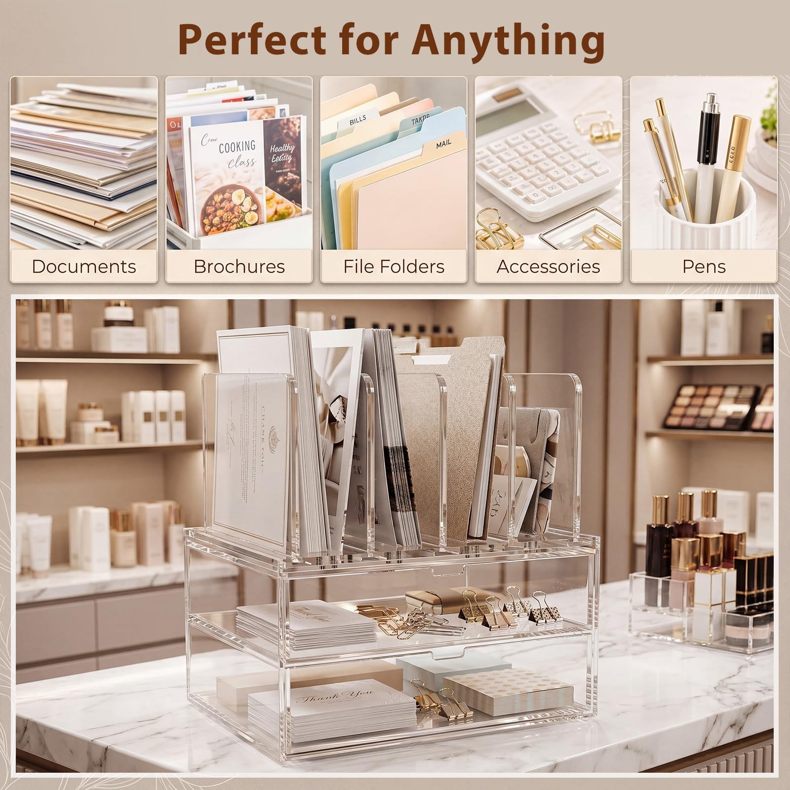 Acrylic Desk Organizer with 2 Drawers, Vertical File Holder with 5 Detachable…