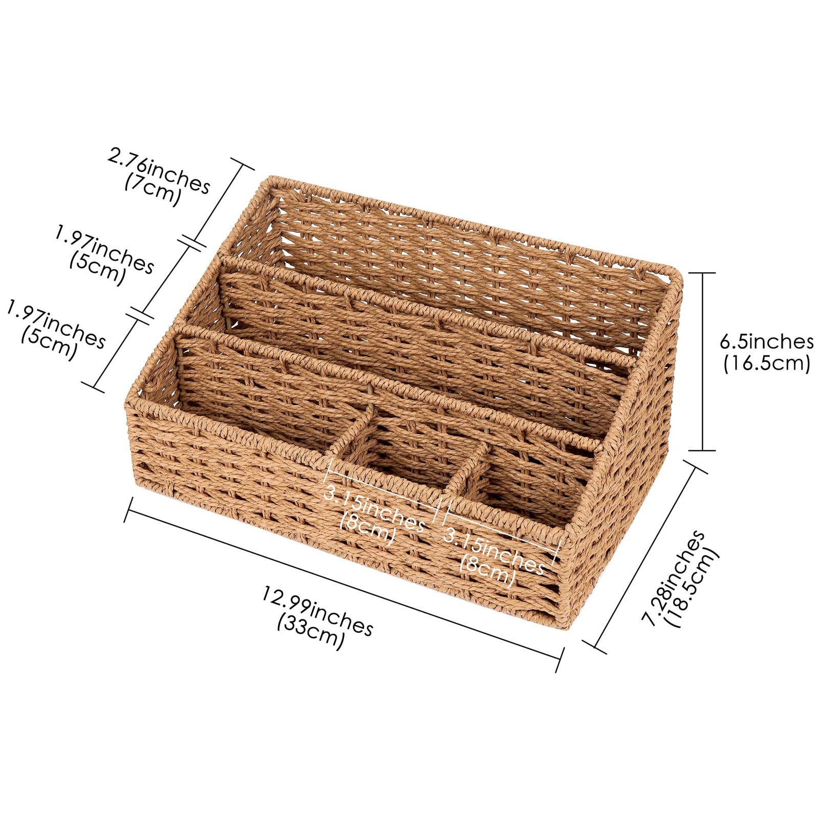Woven Desk Organizer Basket with 5 Compartments, Rustic Paper Rope Mail Holde…