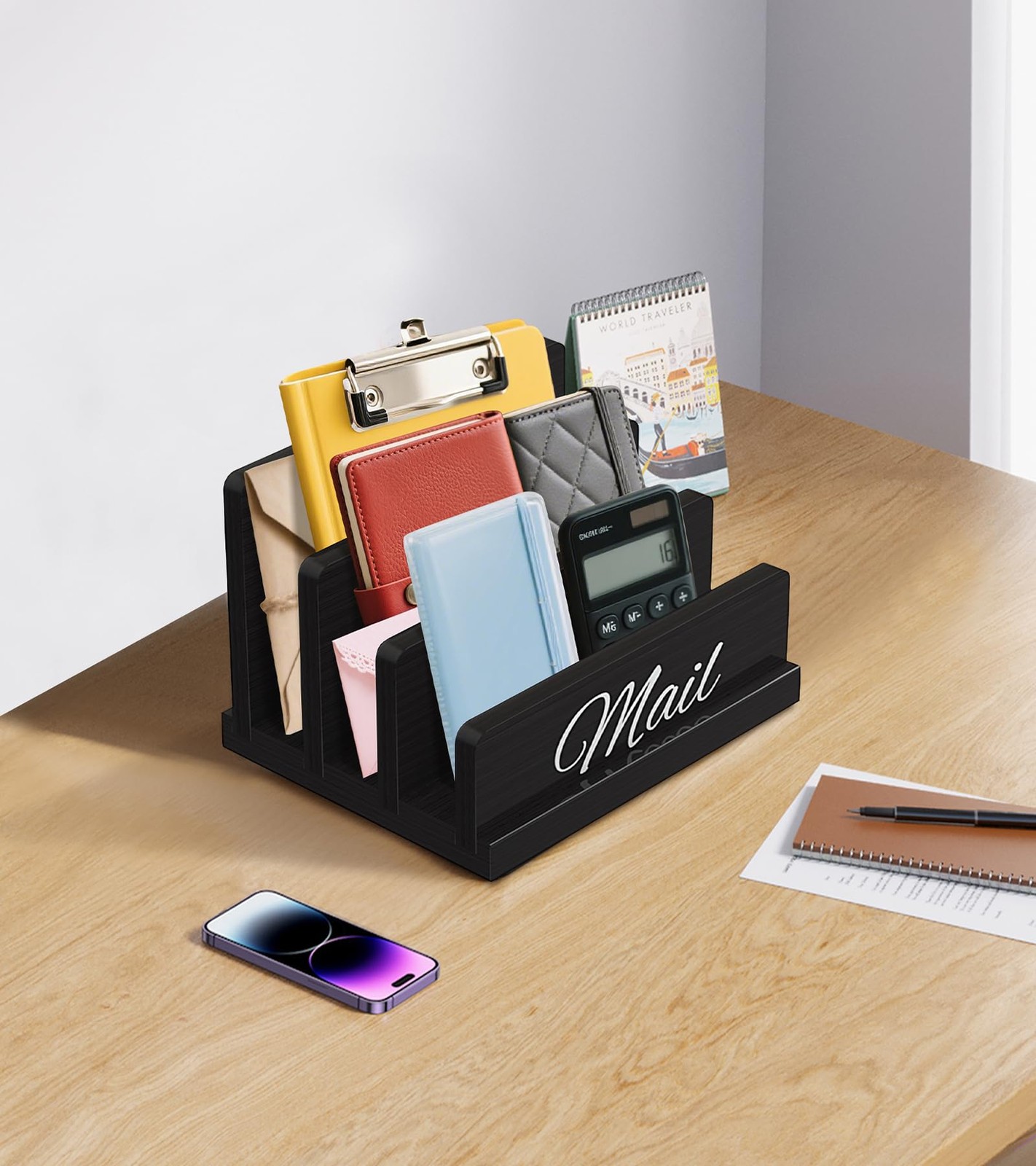 Wooden Mail Organizer Desk 3Slot Letter Sorter Vertical Bill Document Folder