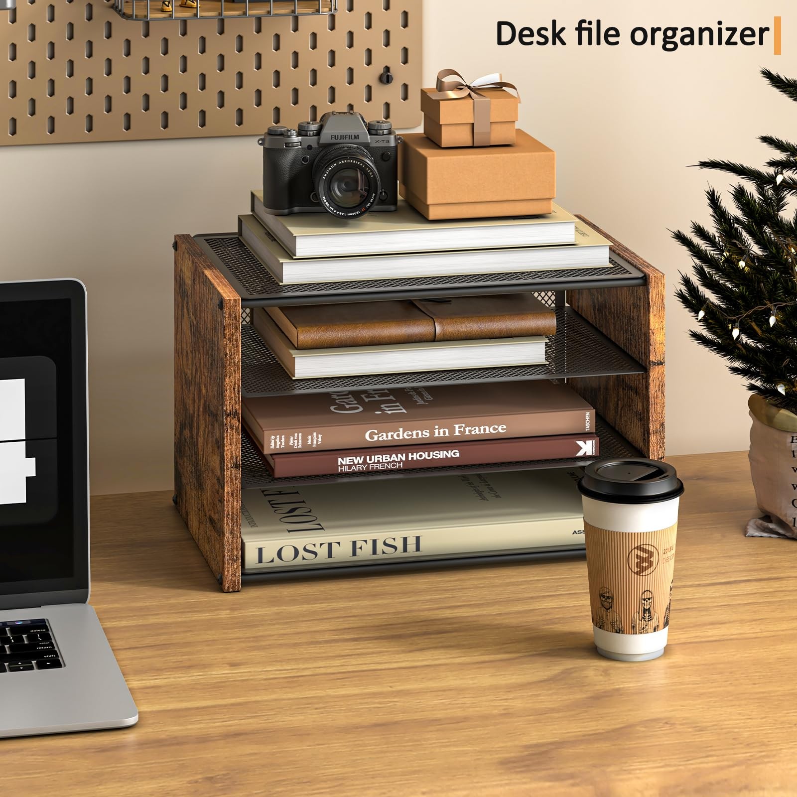 3-Tier Paper Organizer Letter Tray, Wooden Desk File Organizer, Stackable Metal