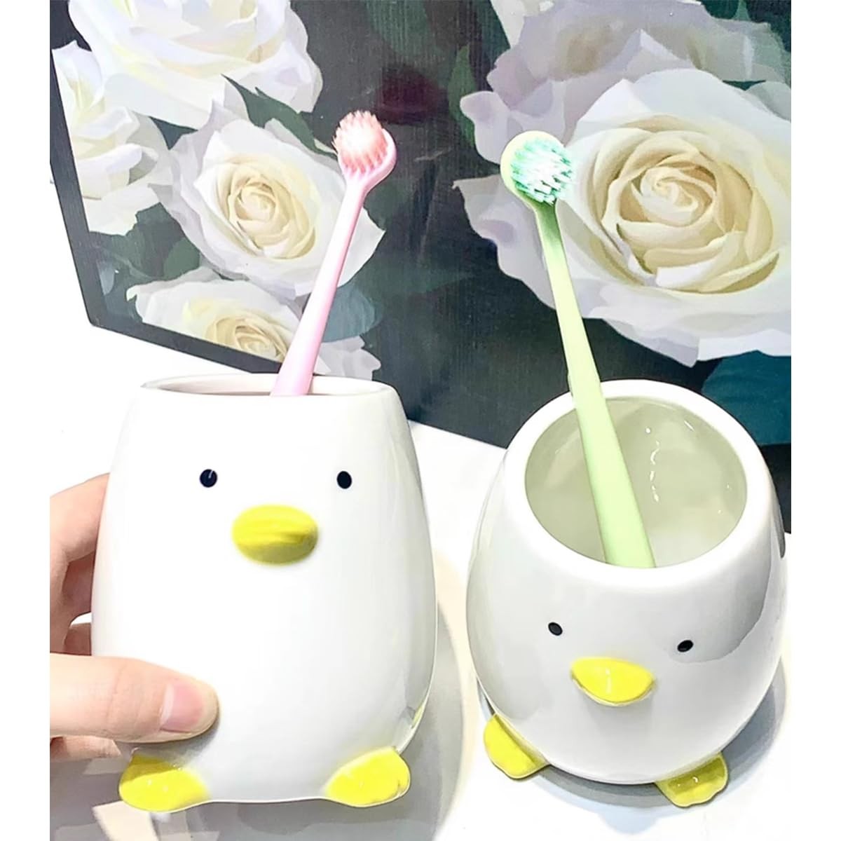 Ceramic Duck Toothbrush Cup for Kid Pencil Holder for Desk Cute Duck Makeup B…