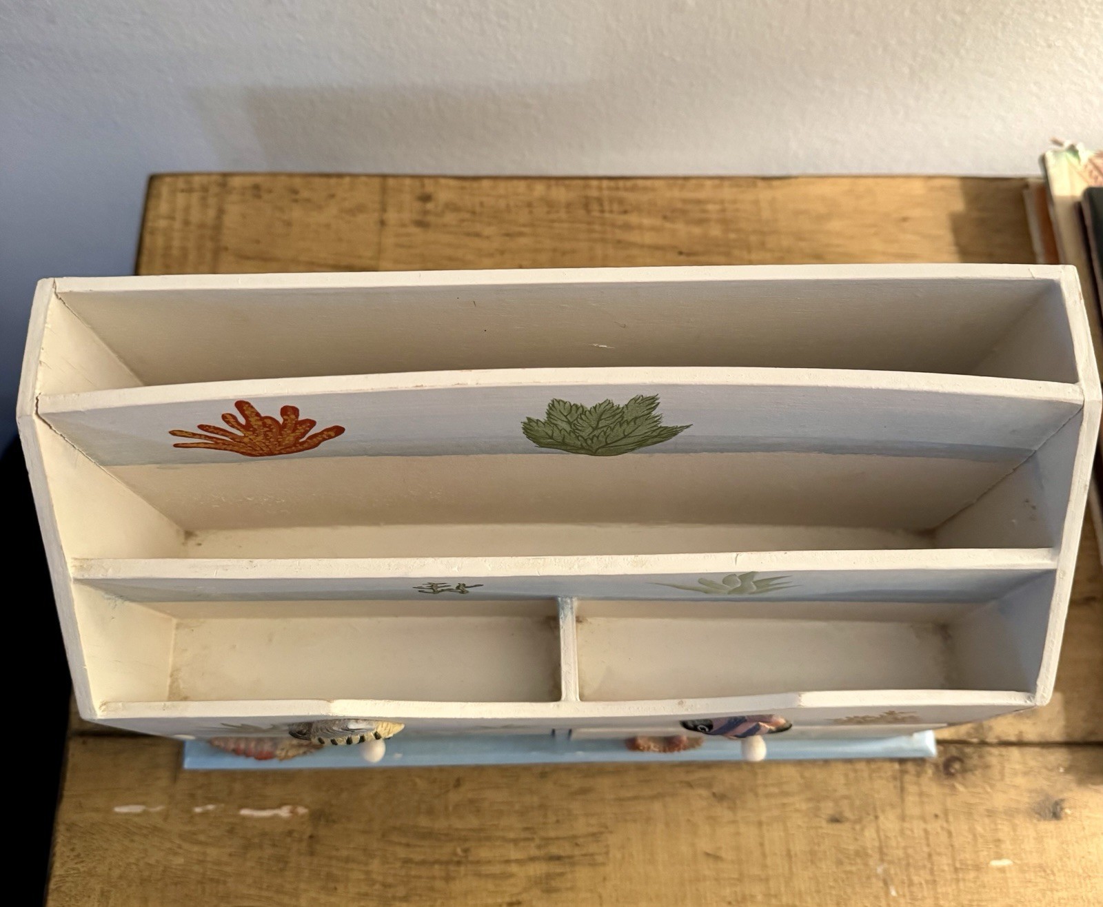Coastal Beach Theme Tiered Wood Desktop Organizer Hand painted Ocean Fish
