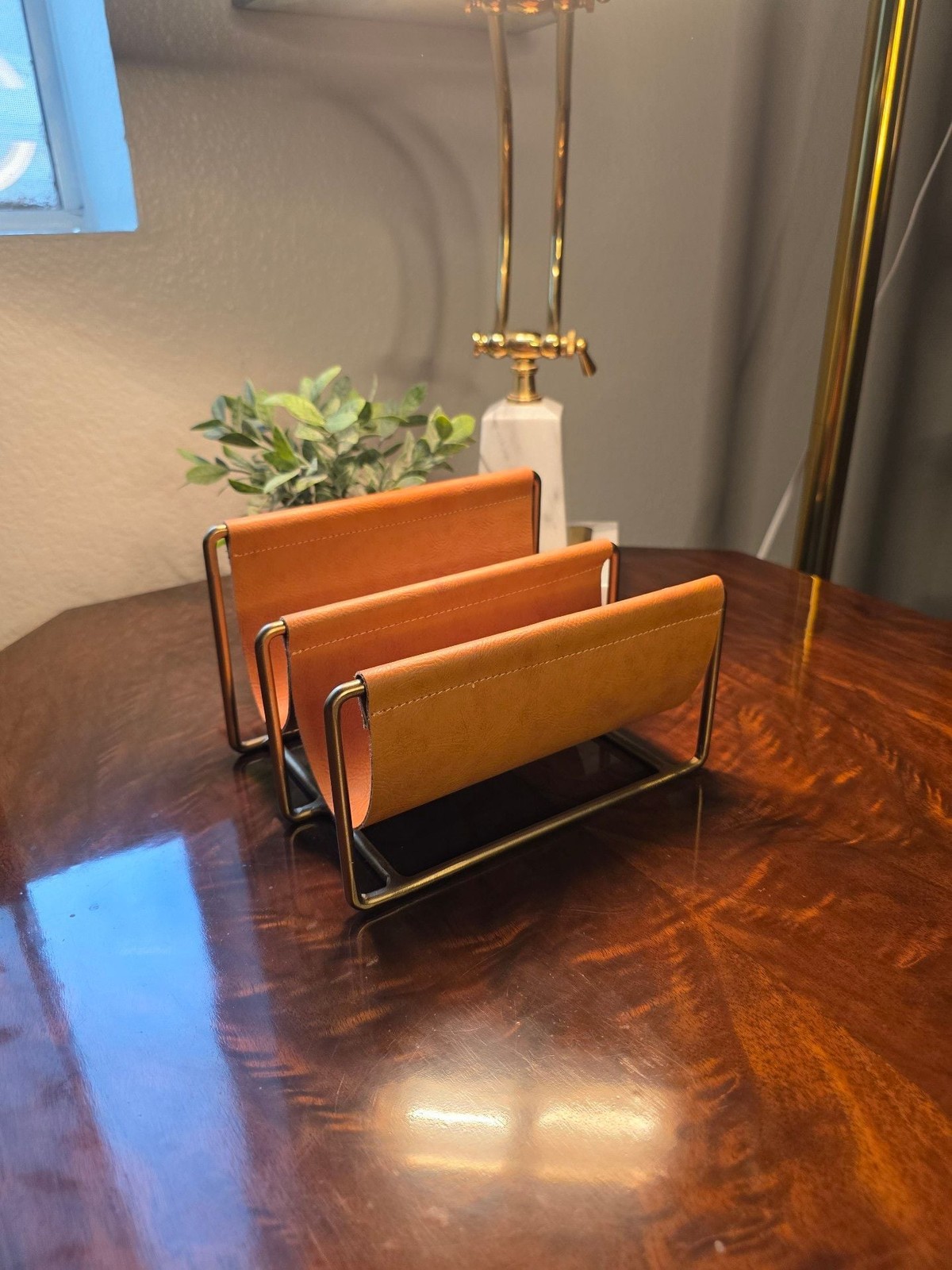 Small Modern 2-Slot Mail and File Holder with Brass Frame and Tan Faux Leather
