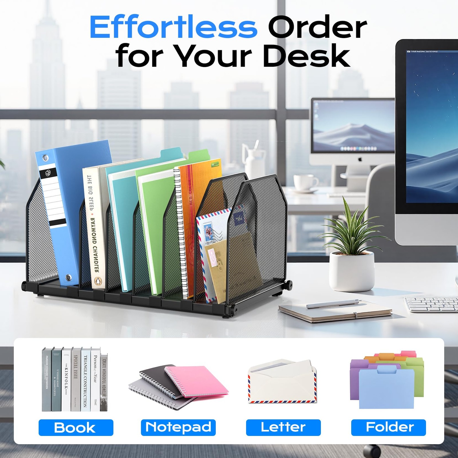 ZONGALL Adjustable File Organizer for Desk, 6 Sections Vertical Black