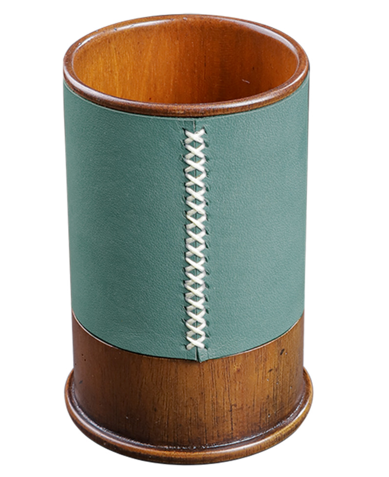 Desktop Pen Stand Blue Leather Wood Holder 4.2″ Pencil Cup Office Desk Organizer