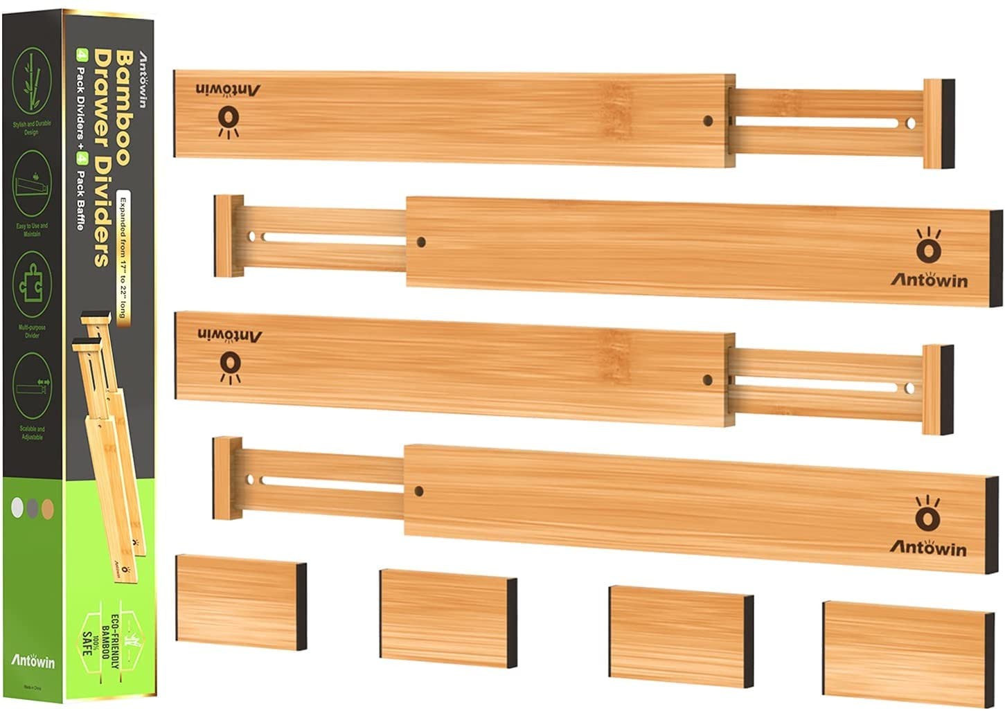 ANTOWIN Bamboo Drawer Dividers Organizers, youth large / 11-13, yellow
