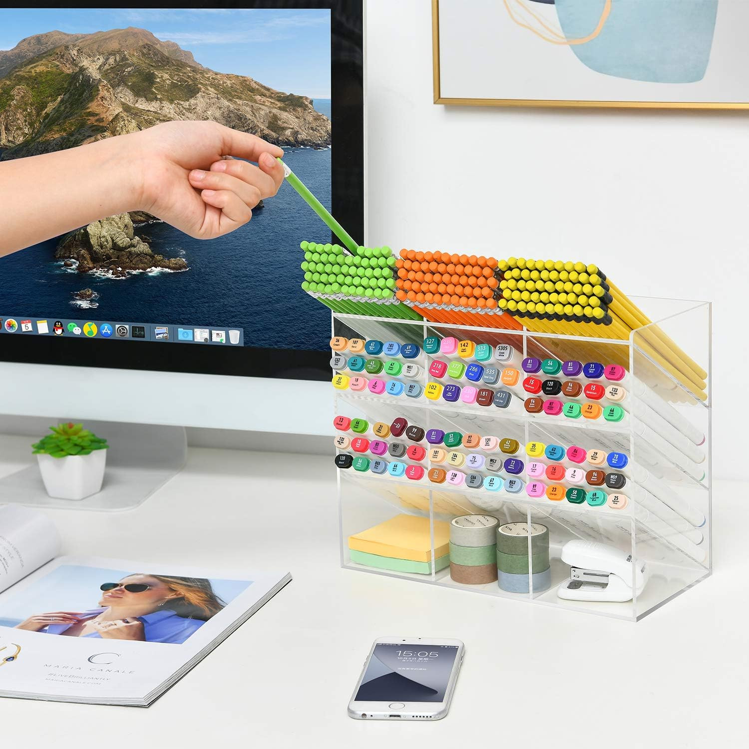 Clear Pen Organizer Storage Acrylic Desk Organizer with 12 Compartments, Pen Org