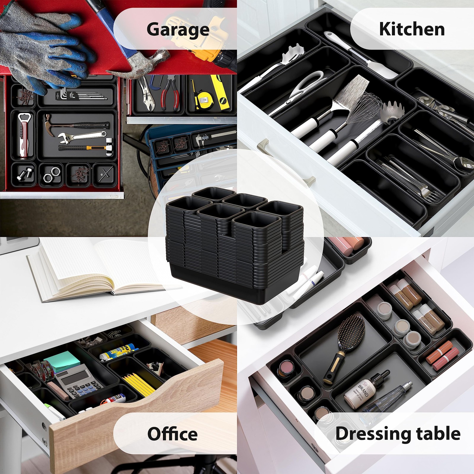 Simple Houseware Interlocking Desk Drawer Bins Organizer, Pack of 10, Black