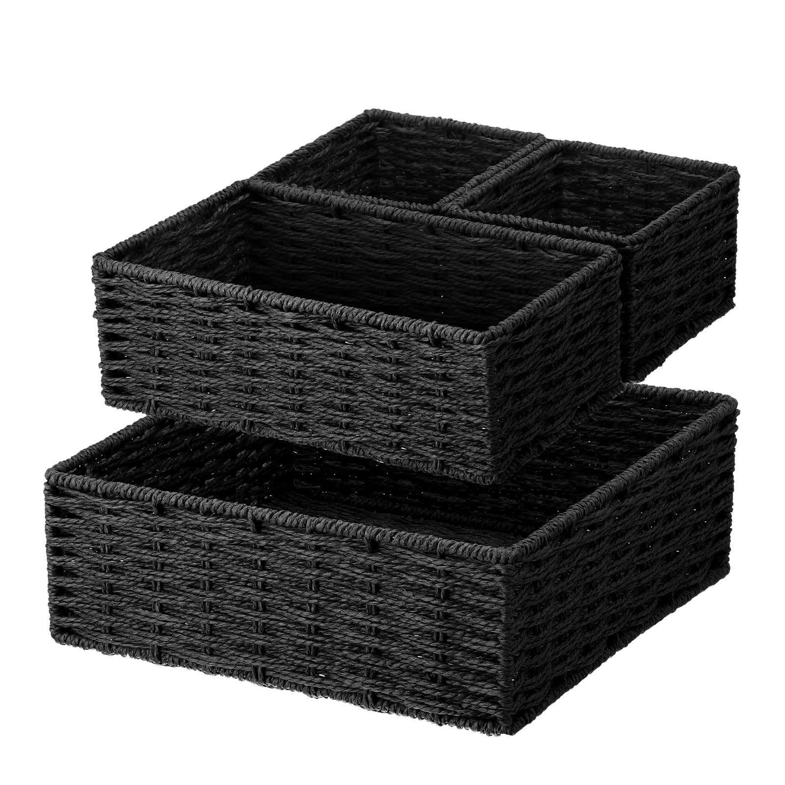 4 PCS Black Storage Baskets Rustic Paper Rope Woven Bin Decor 3 Sizes Set Home