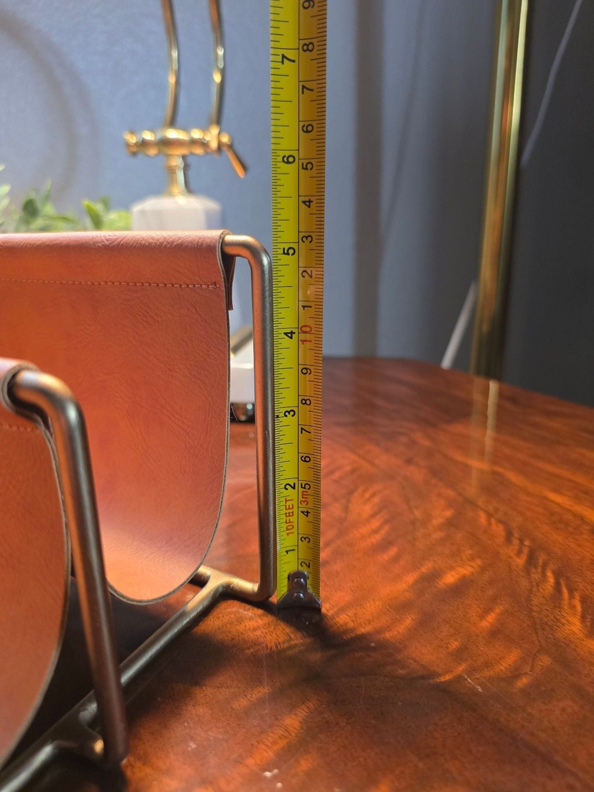 Small Modern 2-Slot Mail and File Holder with Brass Frame and Tan Faux Leather