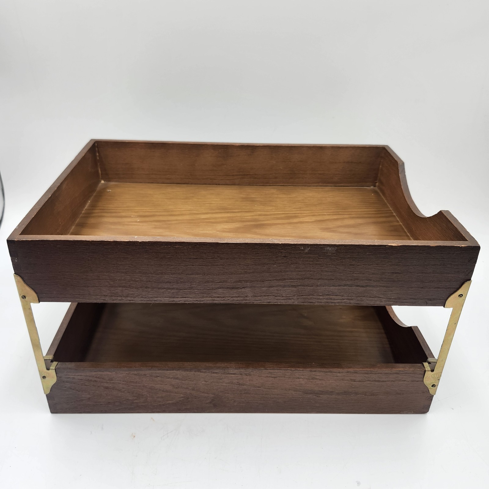 Vintage Wooden wood Stacking Letter Tray Set Brass Hardware Mid-Century dovetail