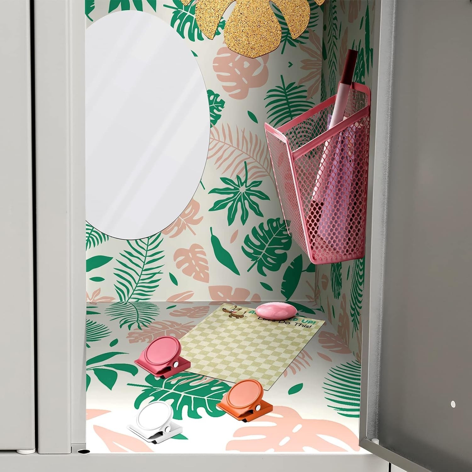 School Locker Organizer Set with Palm Leaf Wallpaper and Magnetic Accessories