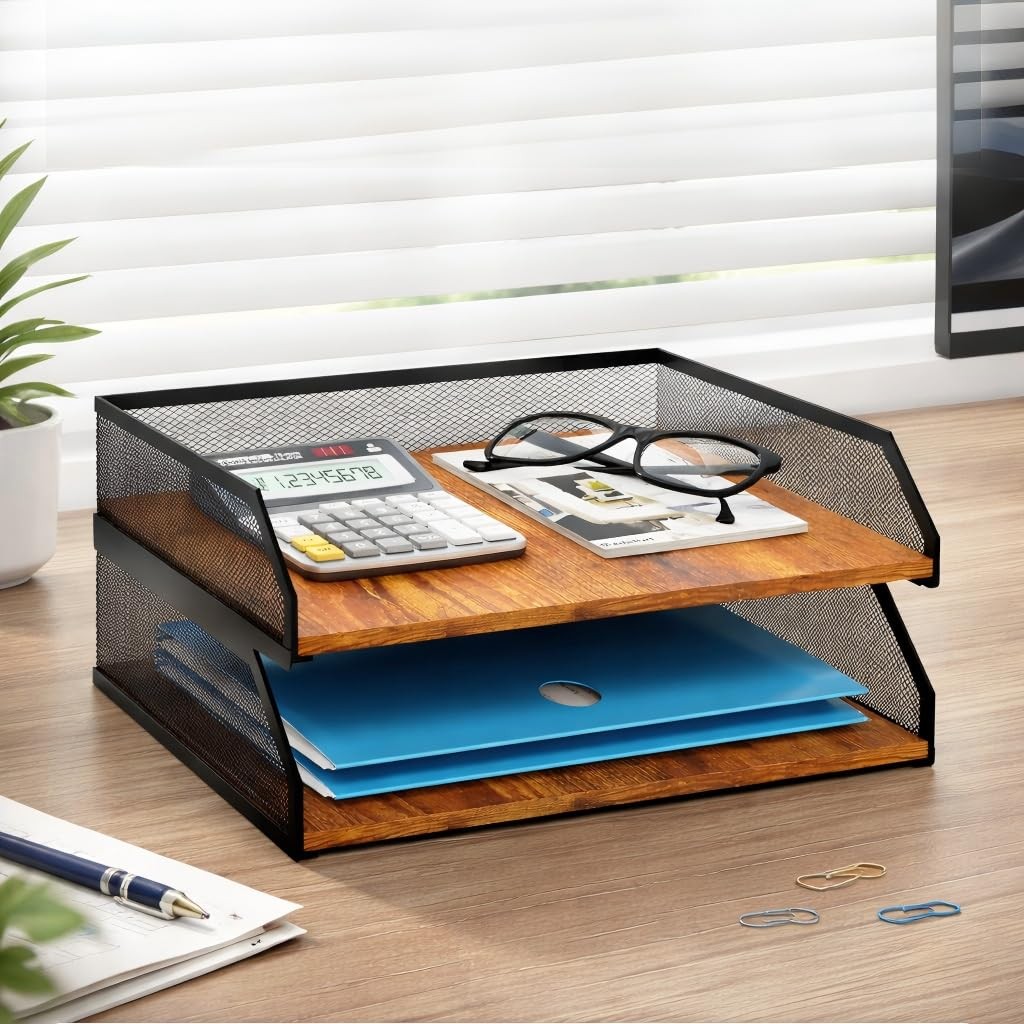 2-Tier Stackable Paper Tray, Metal Mesh Desktop Organizer, Paper Sorter, Lett…