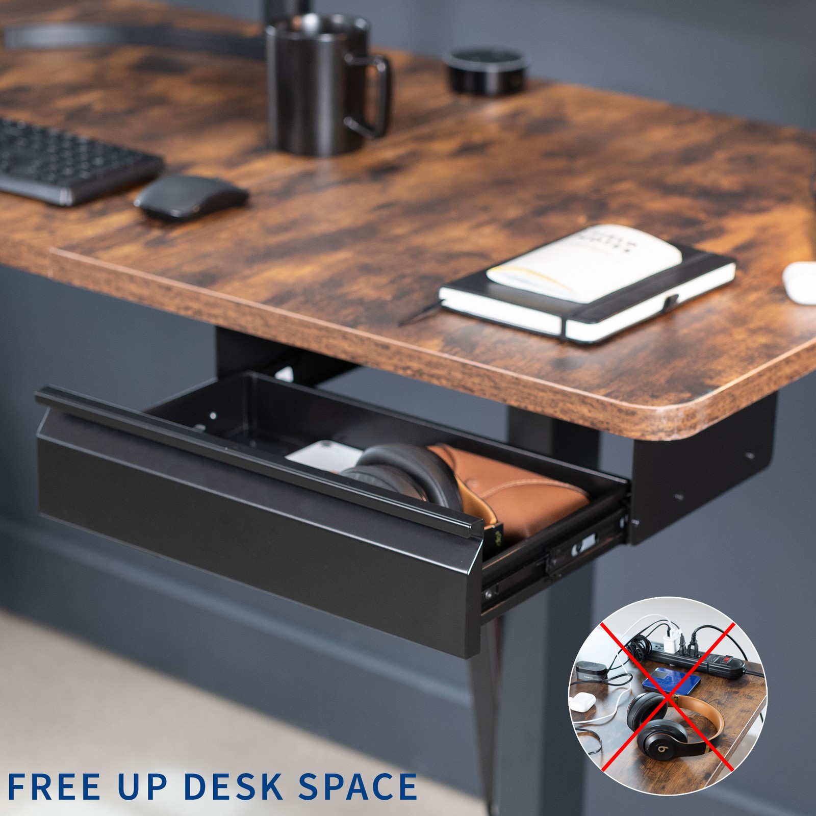 VIVO Black 16″ Pull Out Under Desk Storage Drawer with Built-in Power Strip