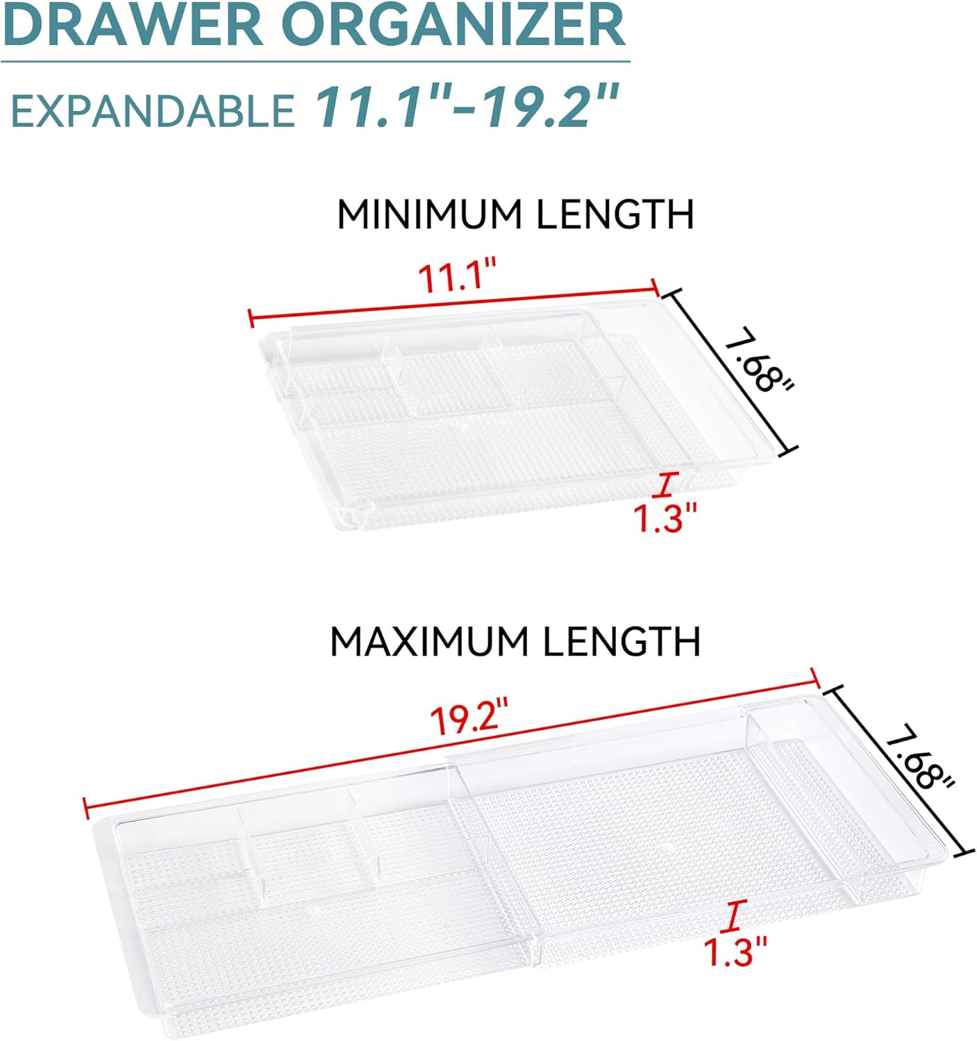 Expandable Drawer Organizer 11.1” to 19.2” Width, Shallow Cosmetic Organizer 1.3