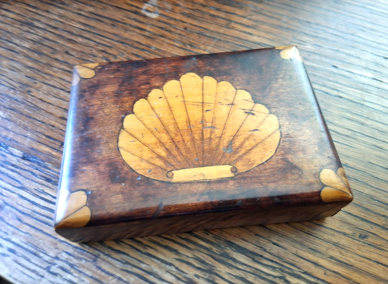 3″x 4″ Vintage Wood & Brass Stamp Holder Ocean Seashell Design Desk