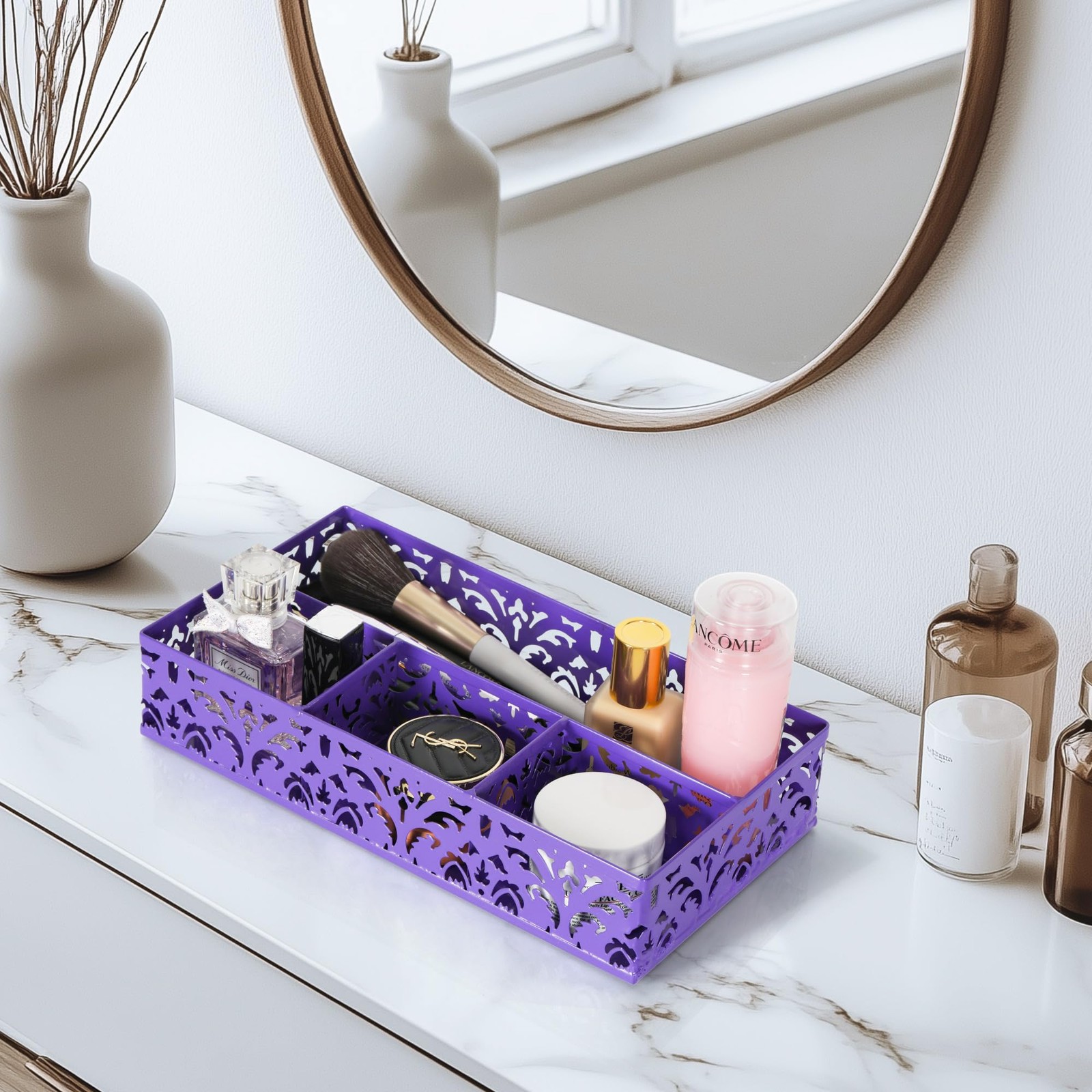 EasyPAG Desk Drawer Organizer with 4 Compartments, Carved Hollow Purple