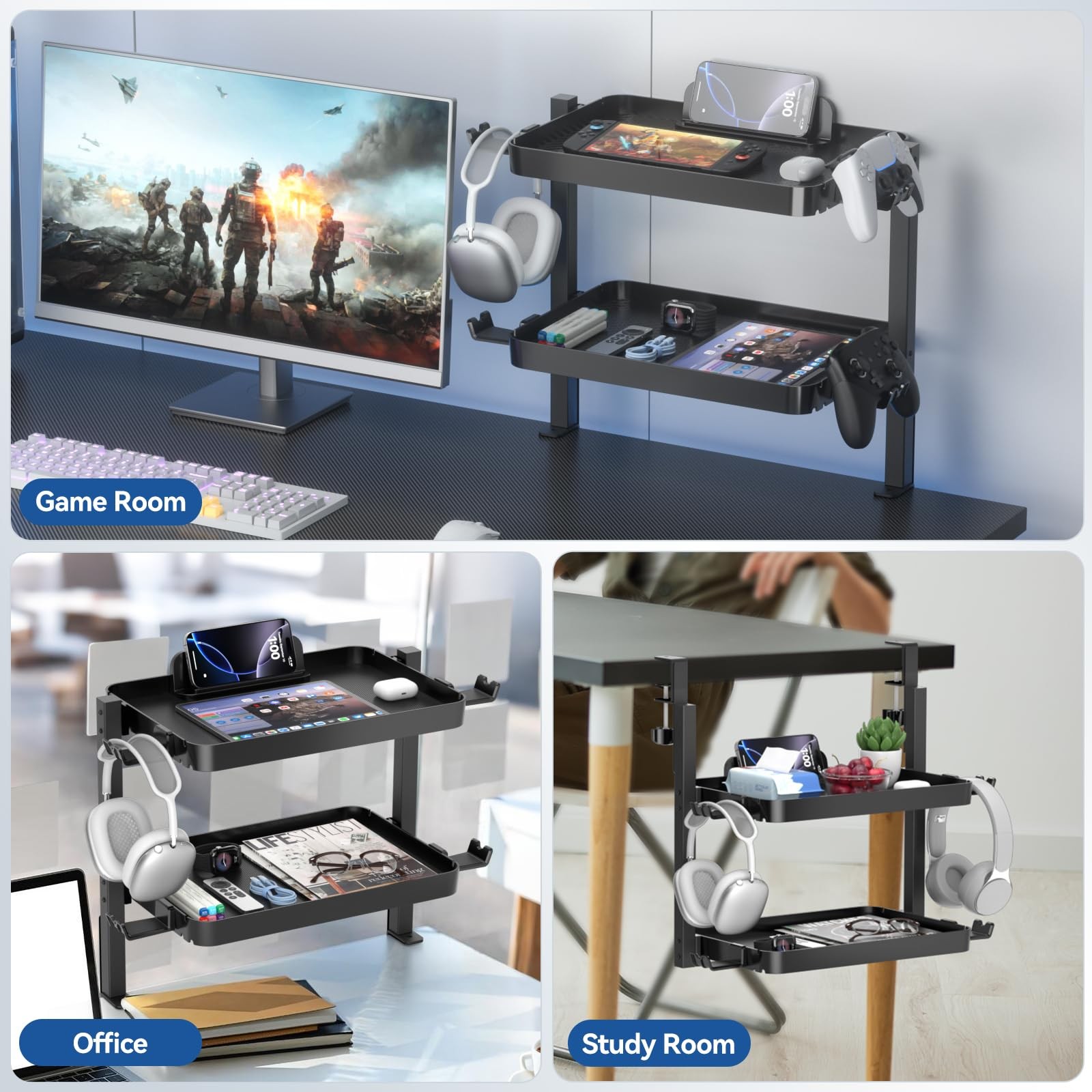 KDD Clamp On Desk Organizer – Adjustable 2-Tier Above or Under Large, Black