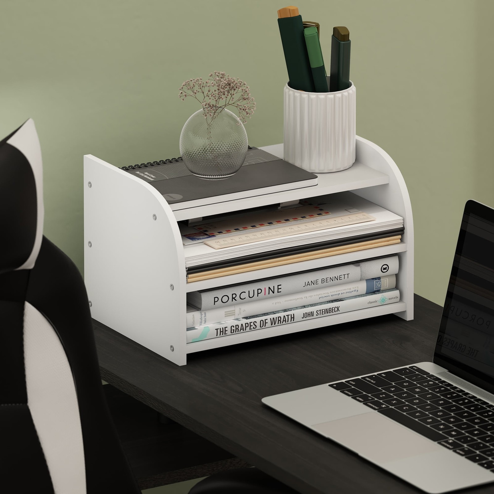 3-Tier Desk Top Organizer W/ Shelves For Papers & Supplies Wood Finish