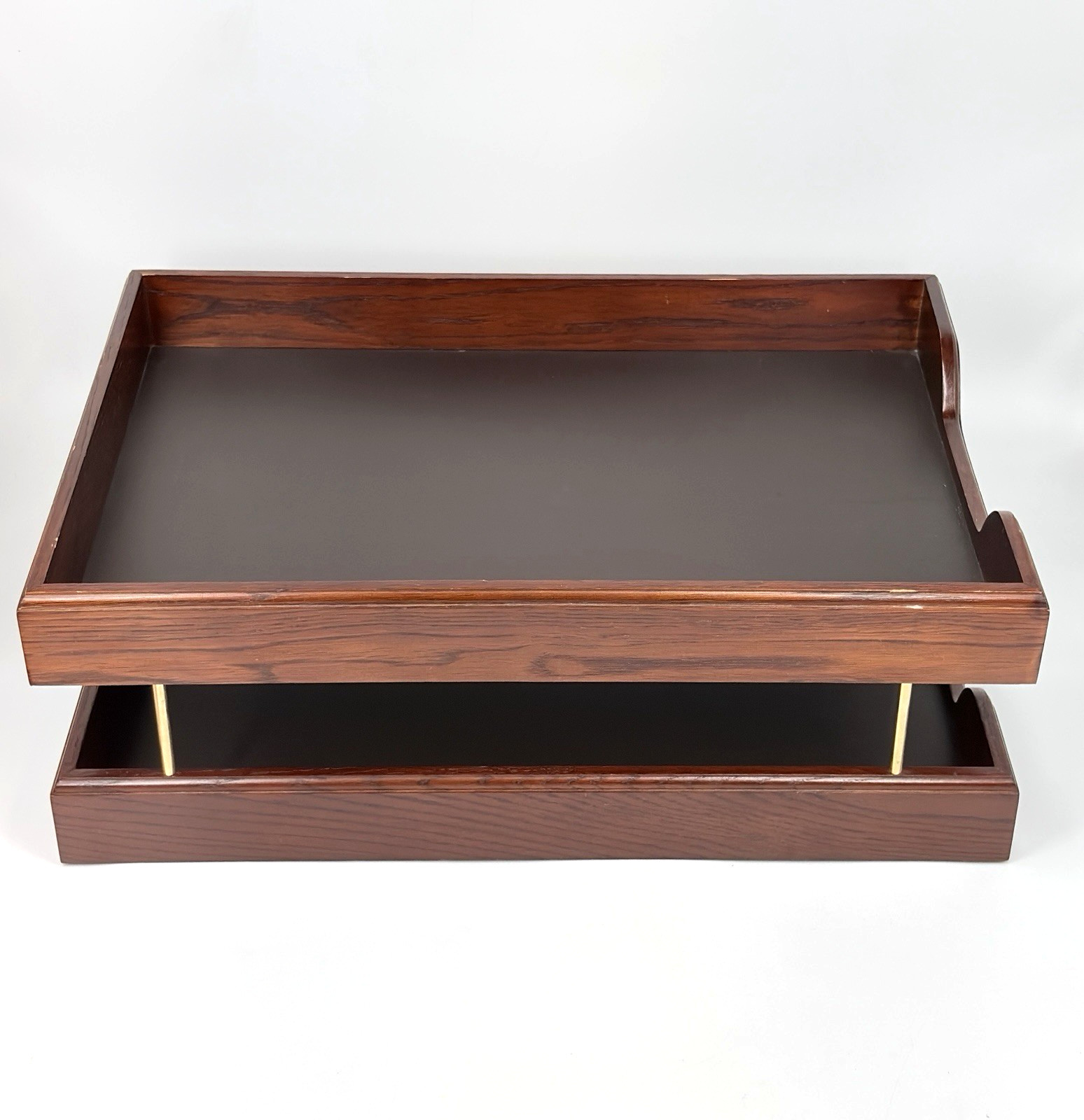 Vintage Eldon Woodline 2500 Two Tier Paper Tray Wood Desk Organizer Brass Tone