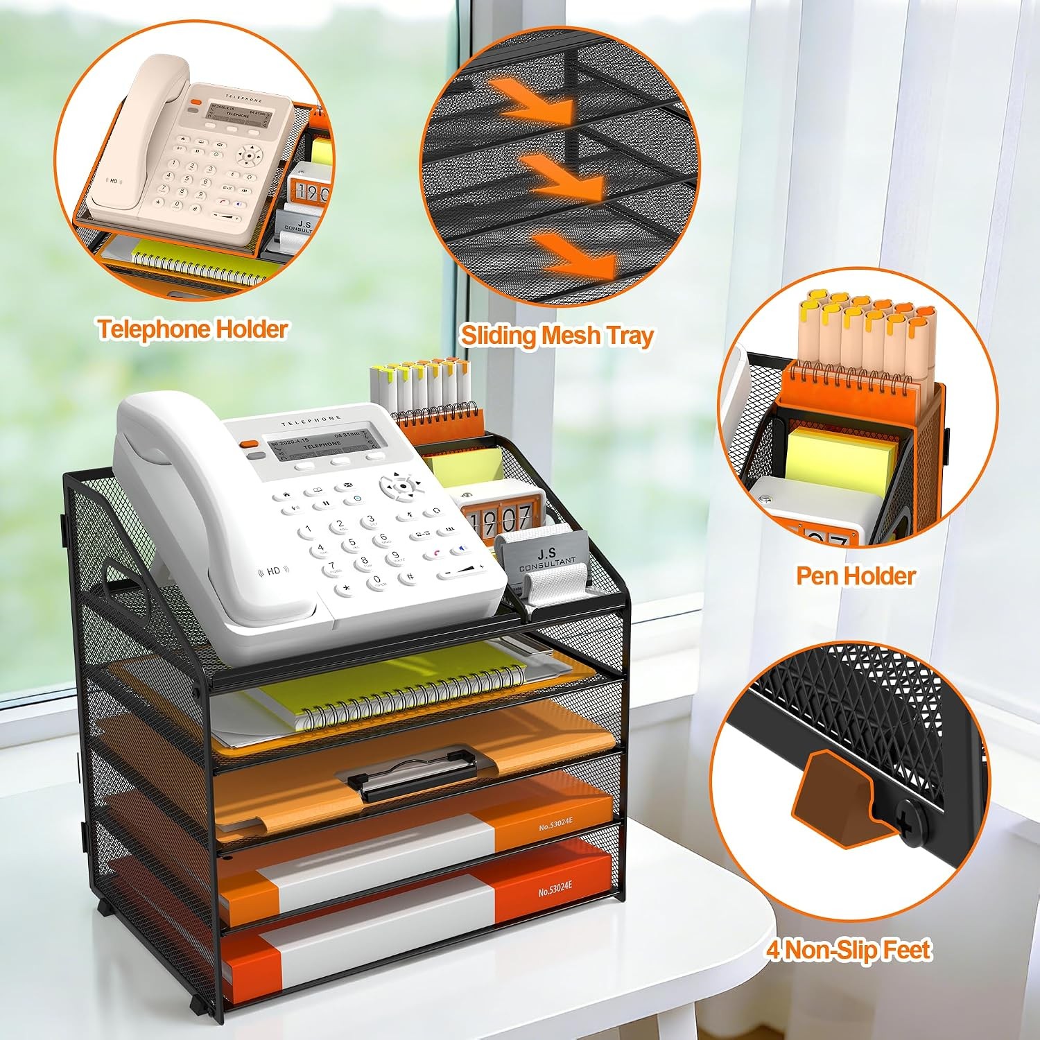 5 Tier Metal Mesh Letter Tray Space Saving Desk File Organizer W/ Handle Pen